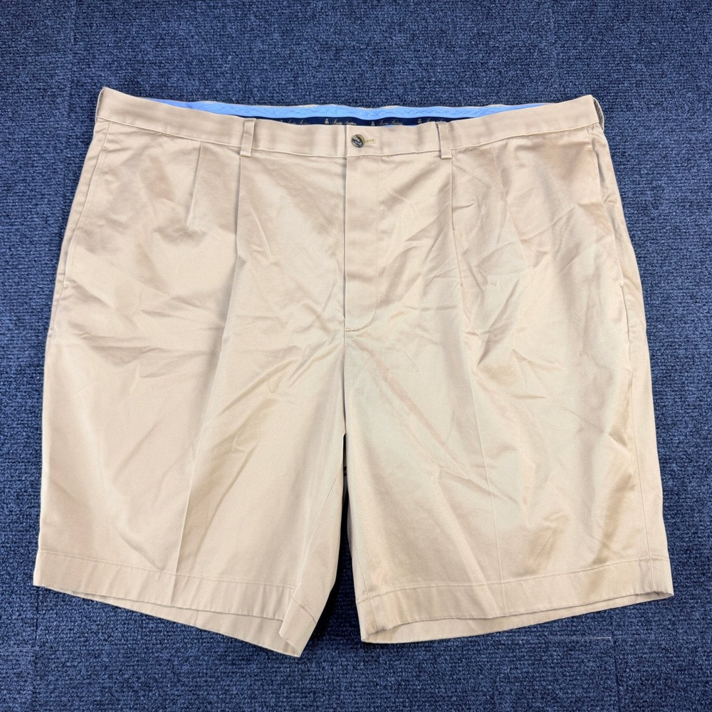 Brooks Brothers Mens Khaki Pleated Chino Shorts Tan Stretch W48 Cotton Lycra